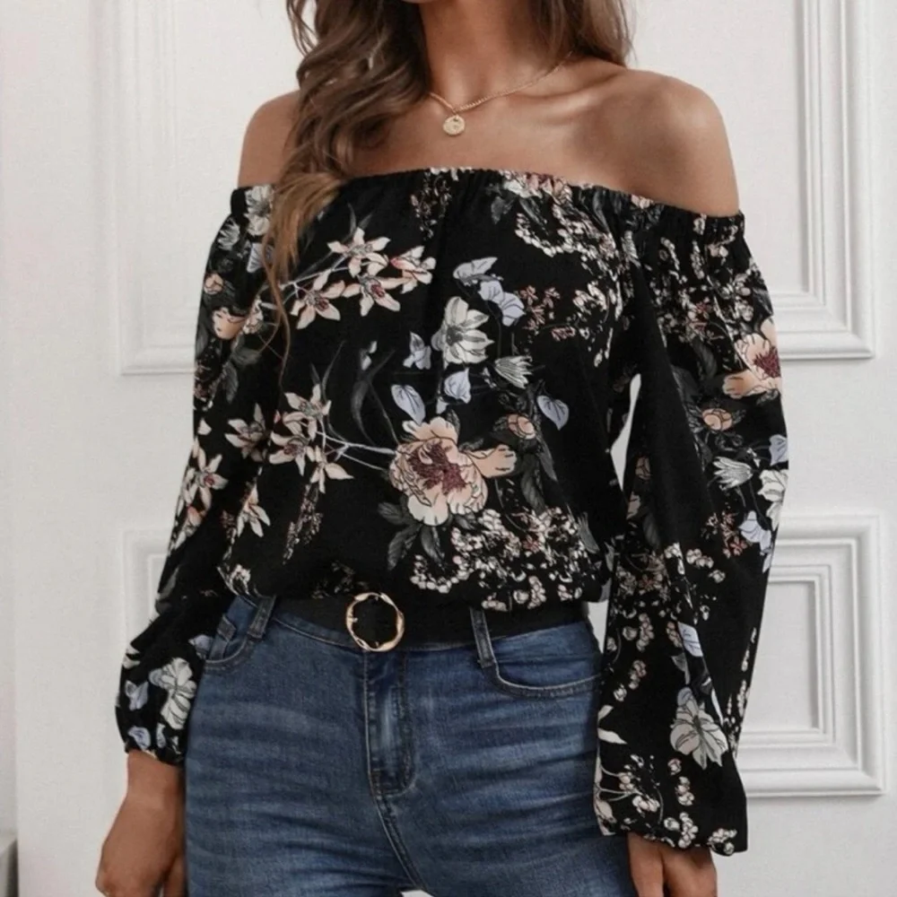 Boho White Floral Print Off-Shoulder Blouse - Picture 1 of 5